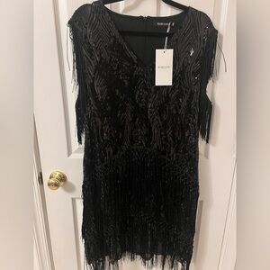 Black Sequin Fringe flapper Dress and Accessories
